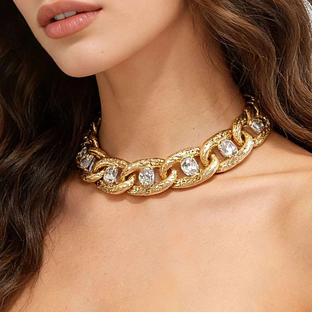 Chunky Gold Curb Chain Necklace with Crystal Accents Adjustable Fit - Image 3