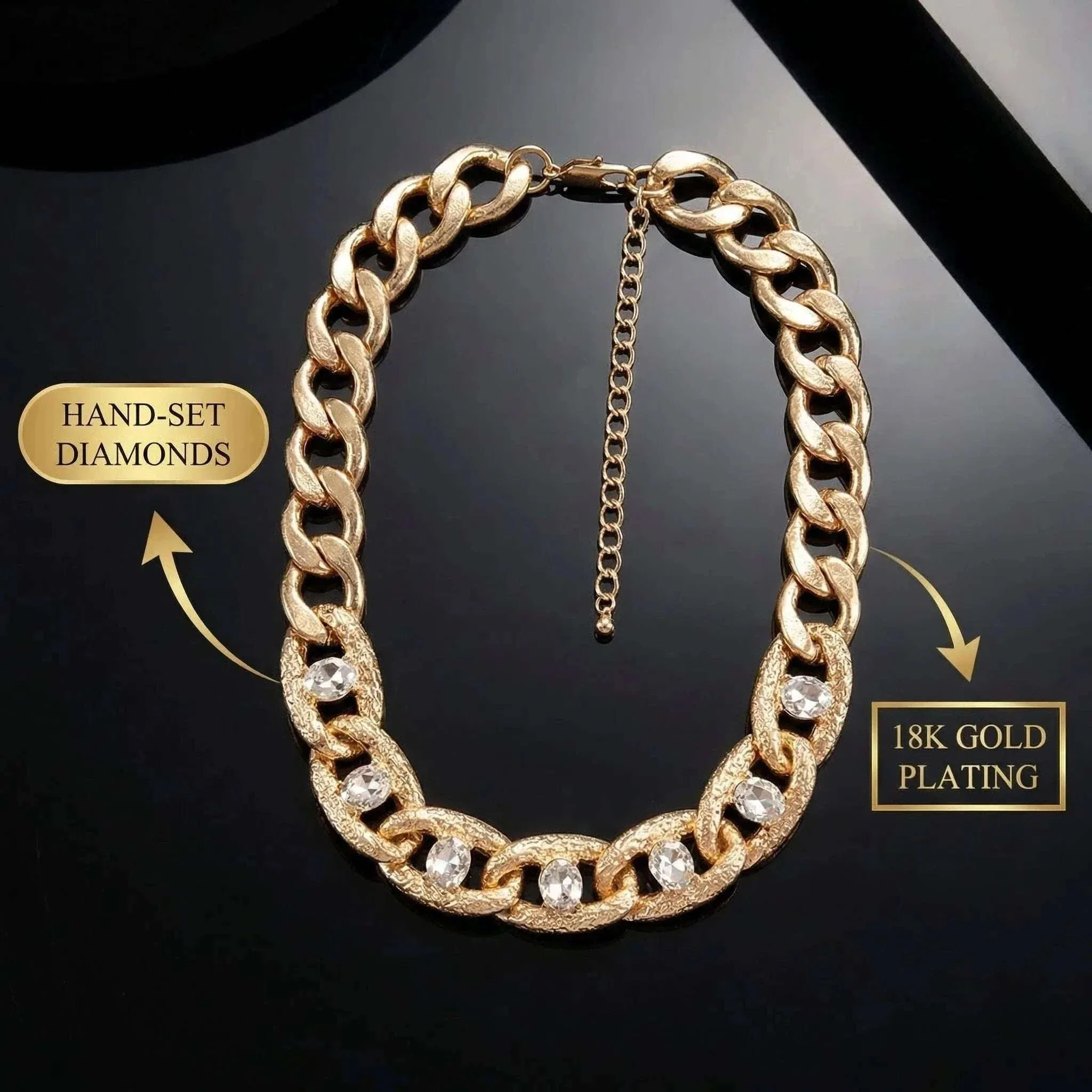 Chunky Gold Curb Chain Necklace with Crystal Accents Adjustable Fit - Image 8