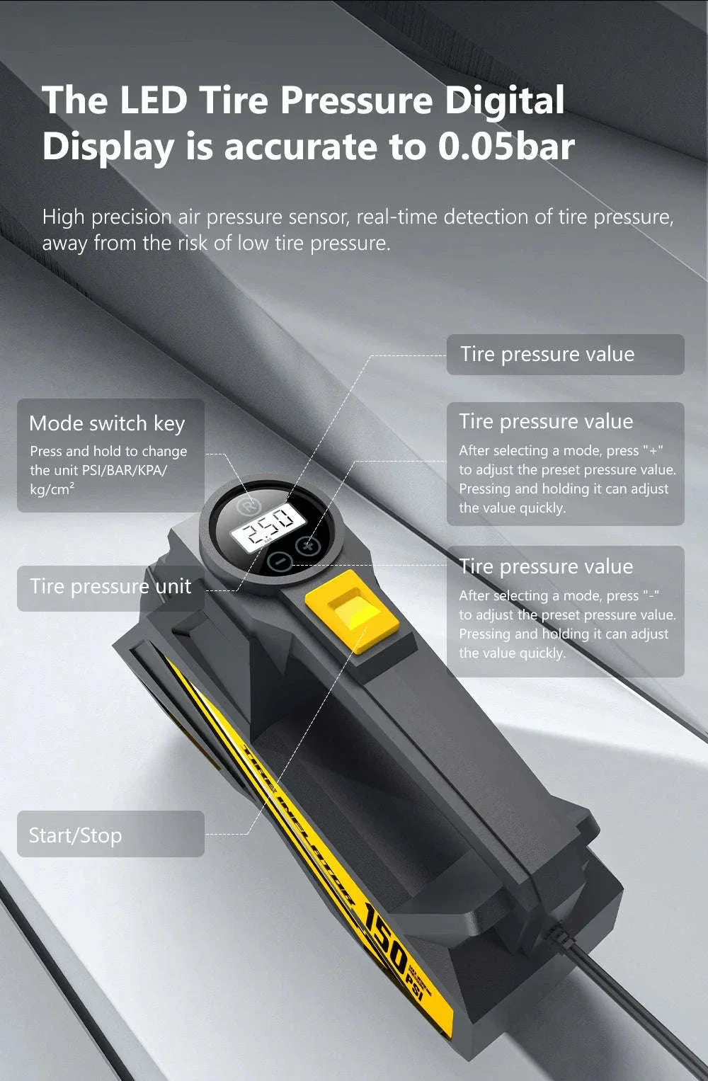 12V 150PSI Corded Car Tire Inflator with LED Light - Image 15