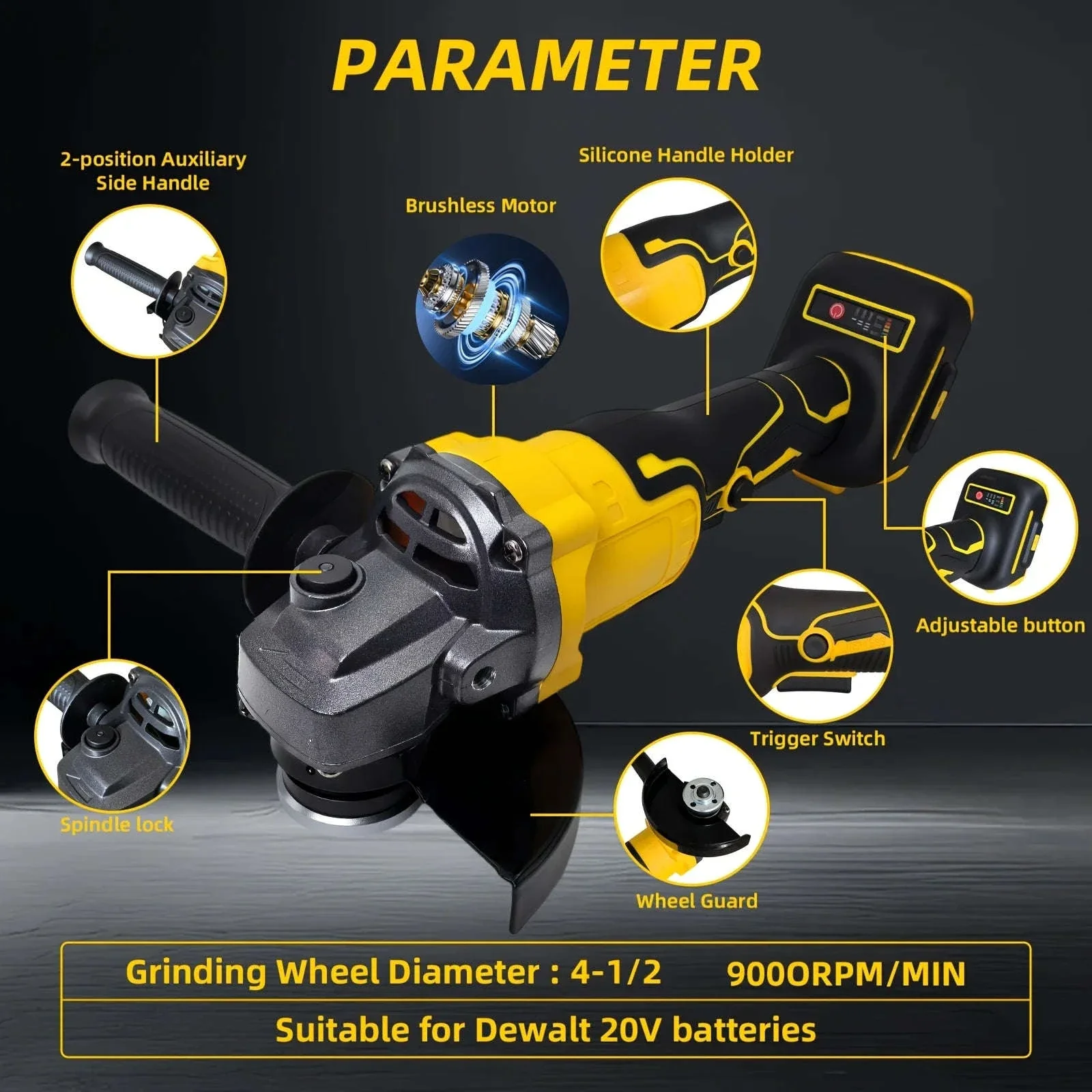 Cordless 5" Angle Grinder for Dewalt 20V Battery, 3 Speeds - Image 11