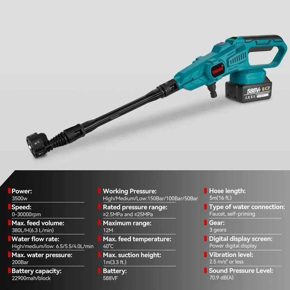 Cordless High Pressure Washer Gun 200 Bar 6-in-1 Spray for Car & Garden - Image 6
