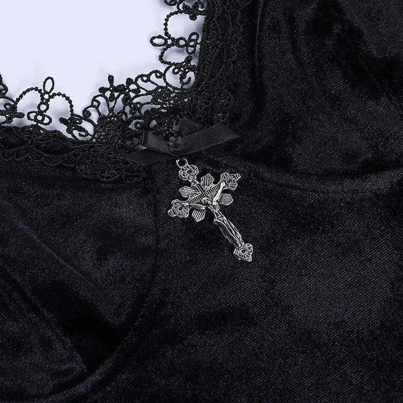 Dark Cross Black Mini Dress with Gothic Cut-Out Detail - Image 18