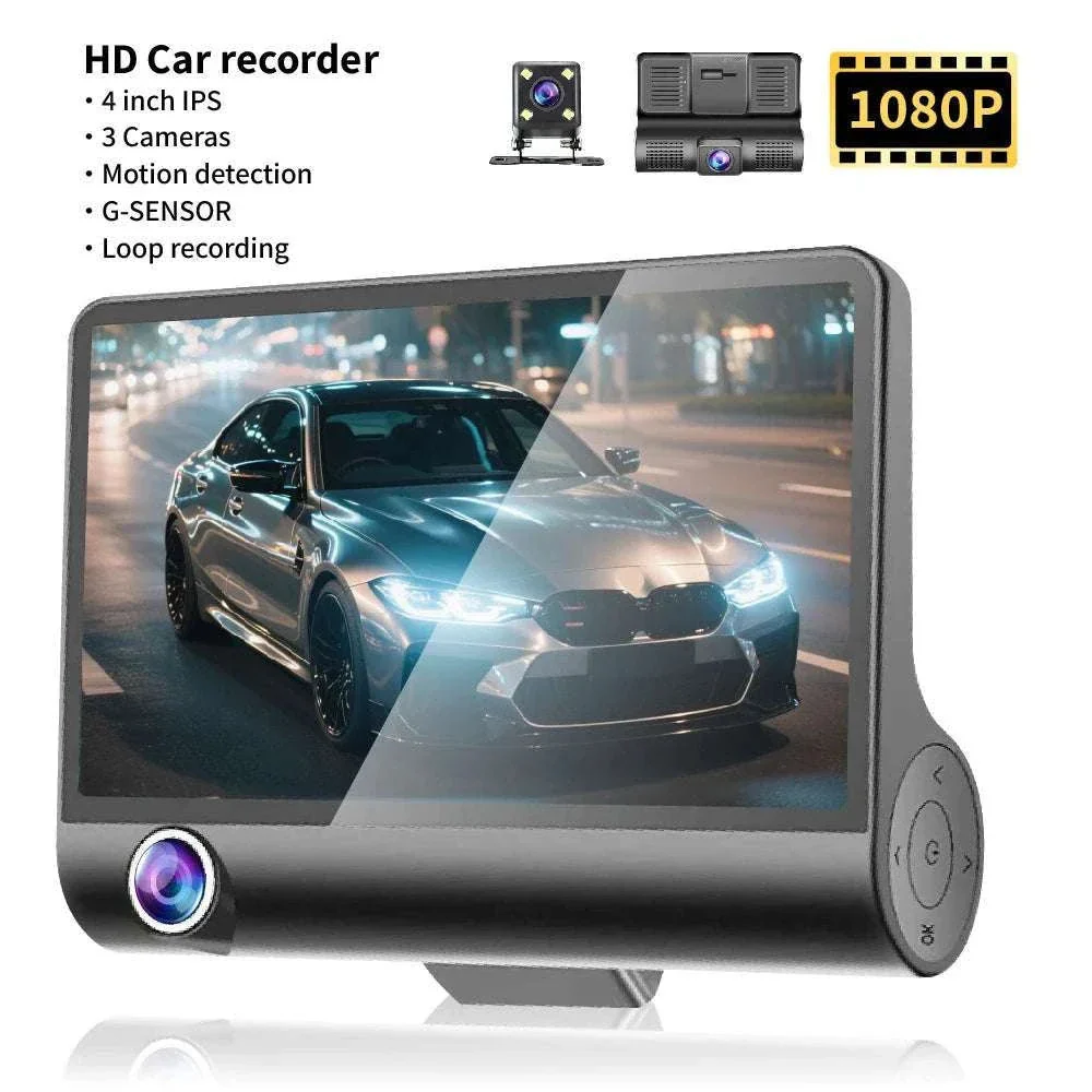 3 Camera Dash Cam 1080P Front Interior Rear with 4" Display