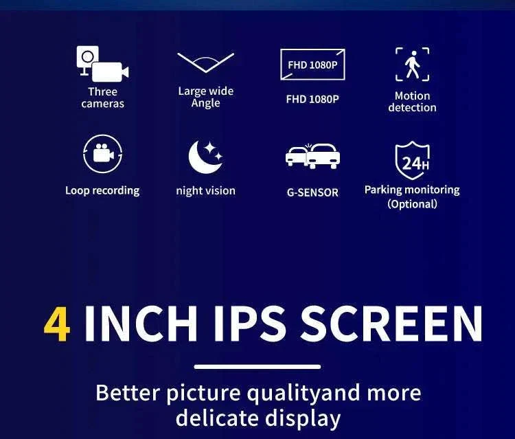 3 Camera Dash Cam 1080P Front Interior Rear with 4" Display - Image 8