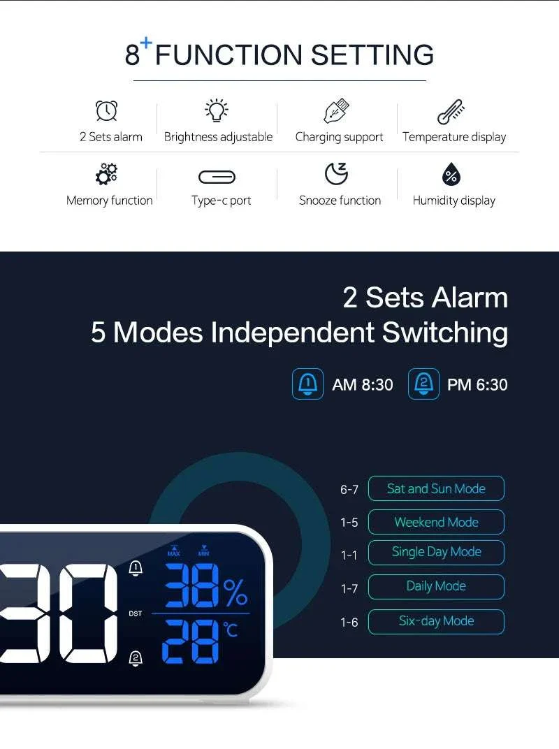 Digital Alarm Clock with Temperature, Dual Alarms & LED Display - Image 8
