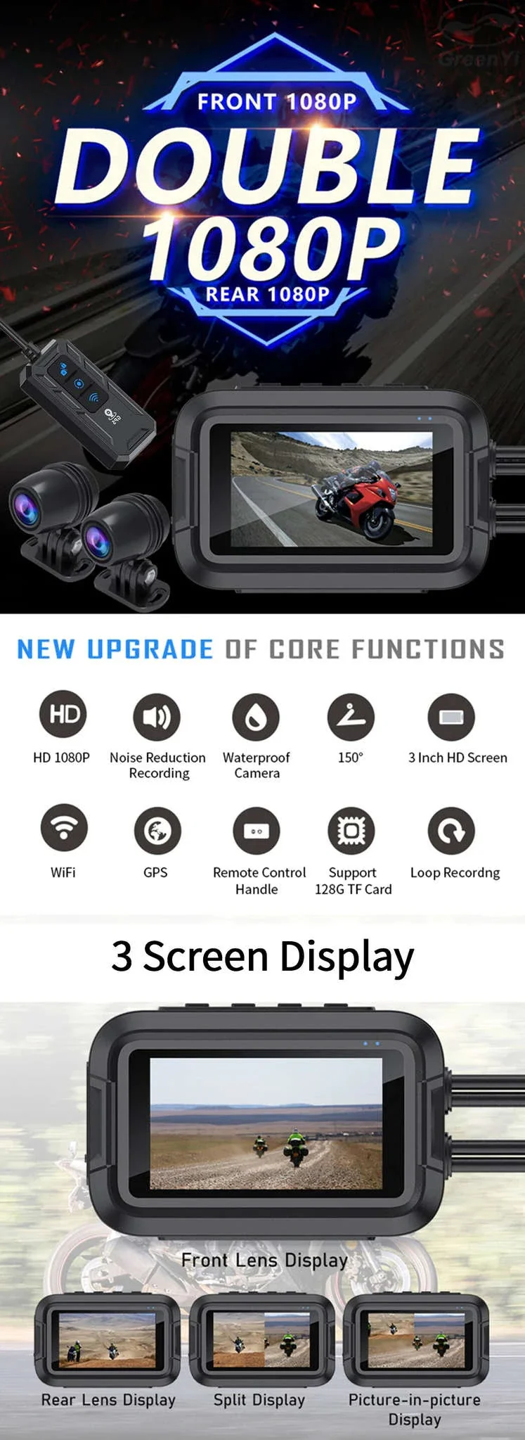 Dual 1080P Motorcycle Dash Cam Front Rear WiFi GPS Recorder - Image 7