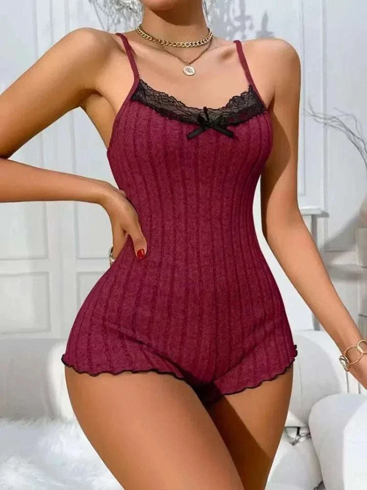 Women’s Lace Butterfly Back Onesie Pajamas Striped Lounge Bodysuit - Image 10