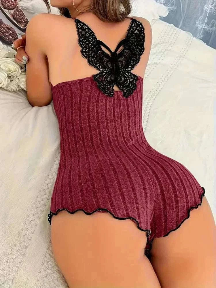 Women’s Lace Butterfly Back Onesie Pajamas Striped Lounge Bodysuit - Image 13
