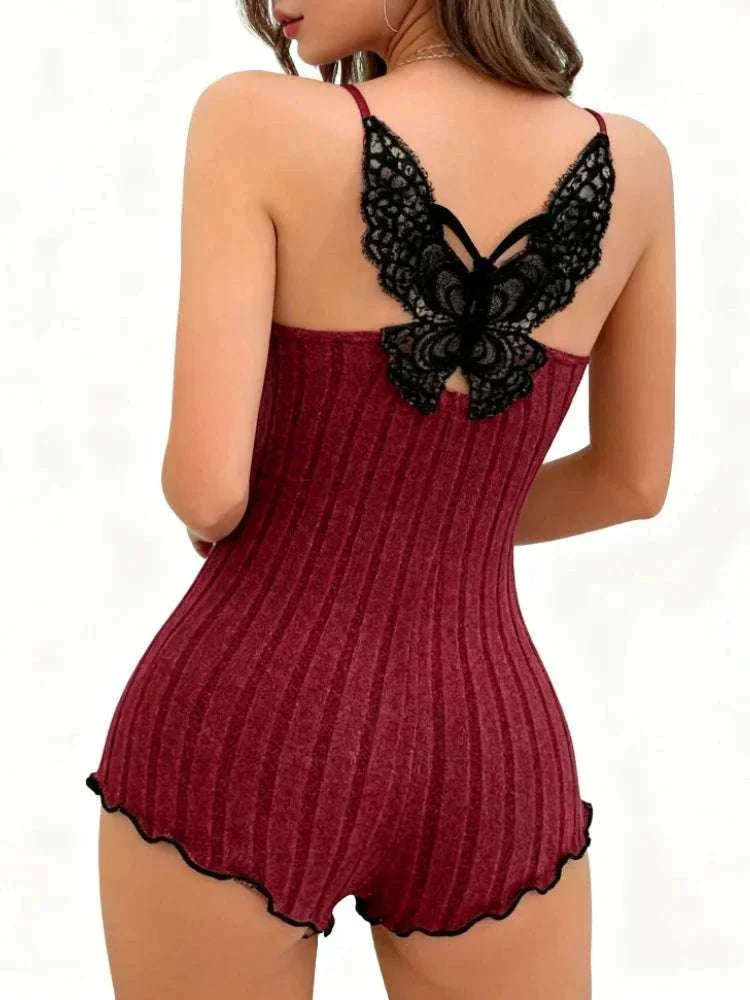 Women’s Lace Butterfly Back Onesie Pajamas Striped Lounge Bodysuit - Image 5