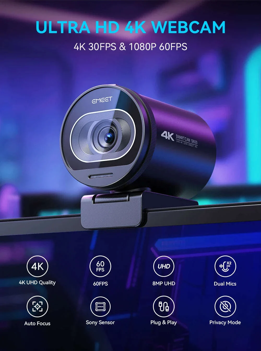 EMEET S600 4K Streaming Webcam with Autofocus and Dual Mics - Image 9