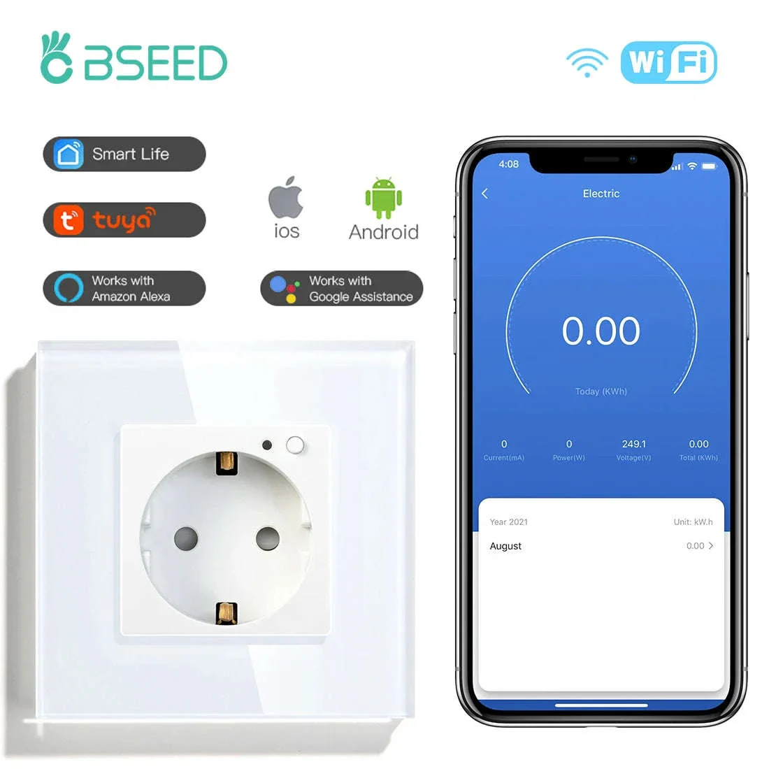 EU 16A Wall Power Socket with Glass Panel (110–250V)