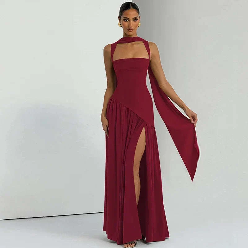 Elegant Sleeveless High Waist Slit Dress with Belted Sash - Image 11
