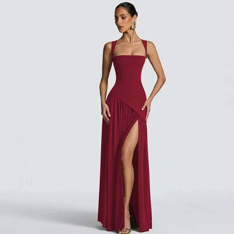 Elegant Sleeveless High Waist Slit Dress with Belted Sash - Image 12
