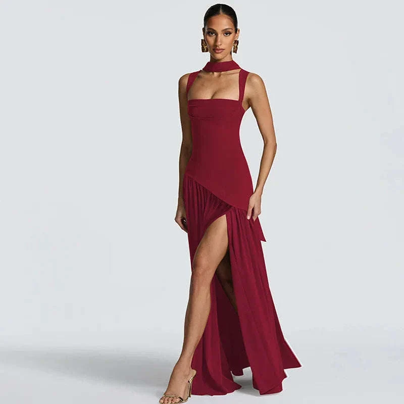 Elegant Sleeveless High Waist Slit Dress with Belted Sash - Image 13