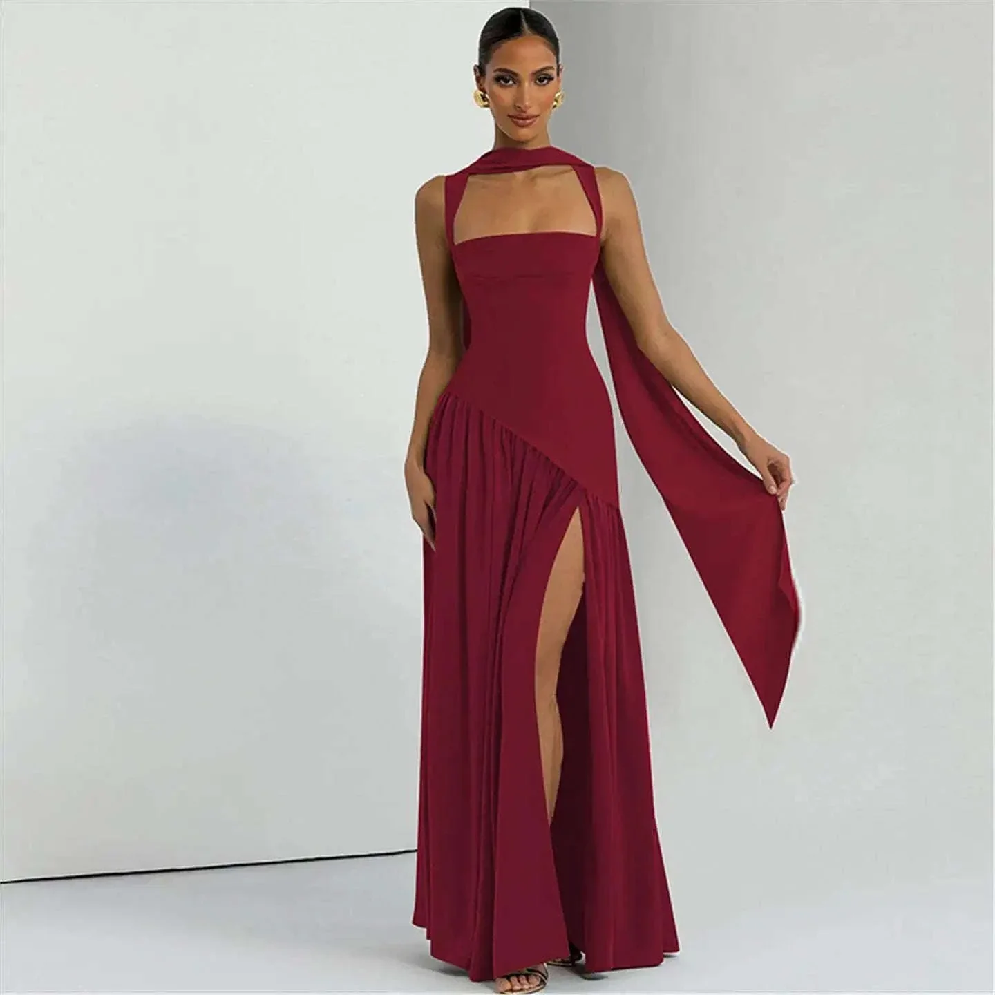 Elegant Sleeveless High Waist Slit Dress with Belted Sash - Image 2