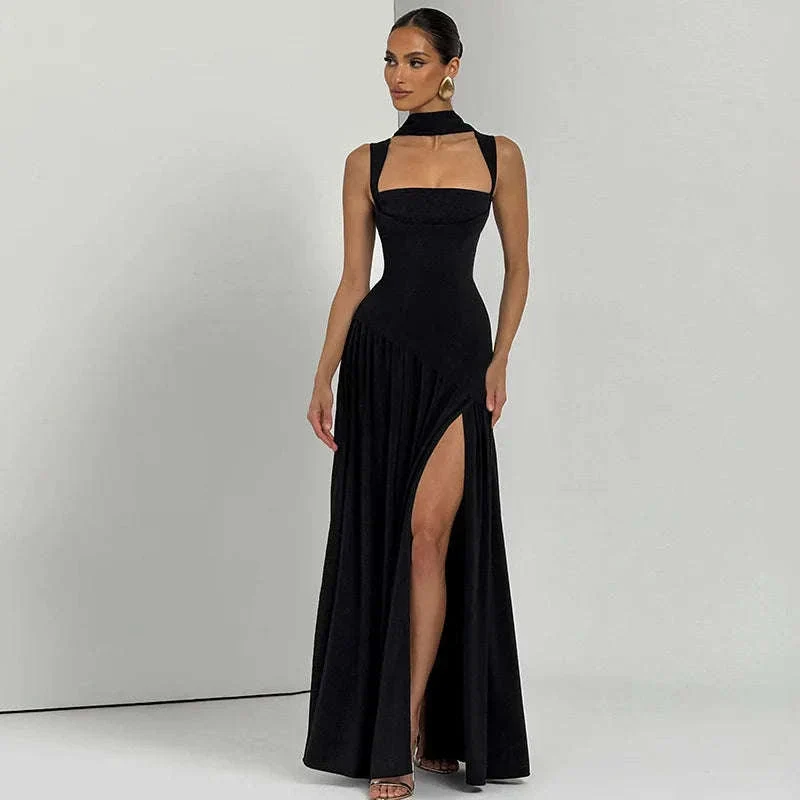 Elegant Sleeveless High Waist Slit Dress with Belted Sash - Image 22