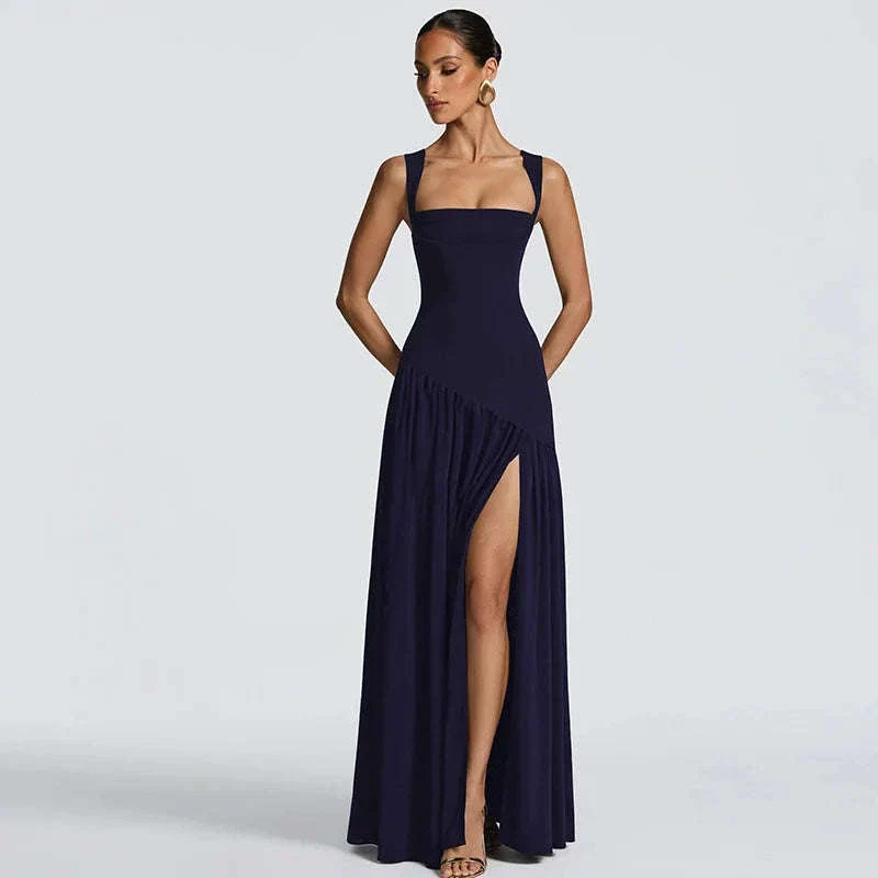 Elegant Sleeveless High Waist Slit Dress with Belted Sash - Image 37