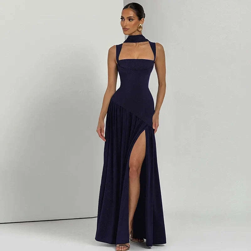 Elegant Sleeveless High Waist Slit Dress with Belted Sash - Image 39