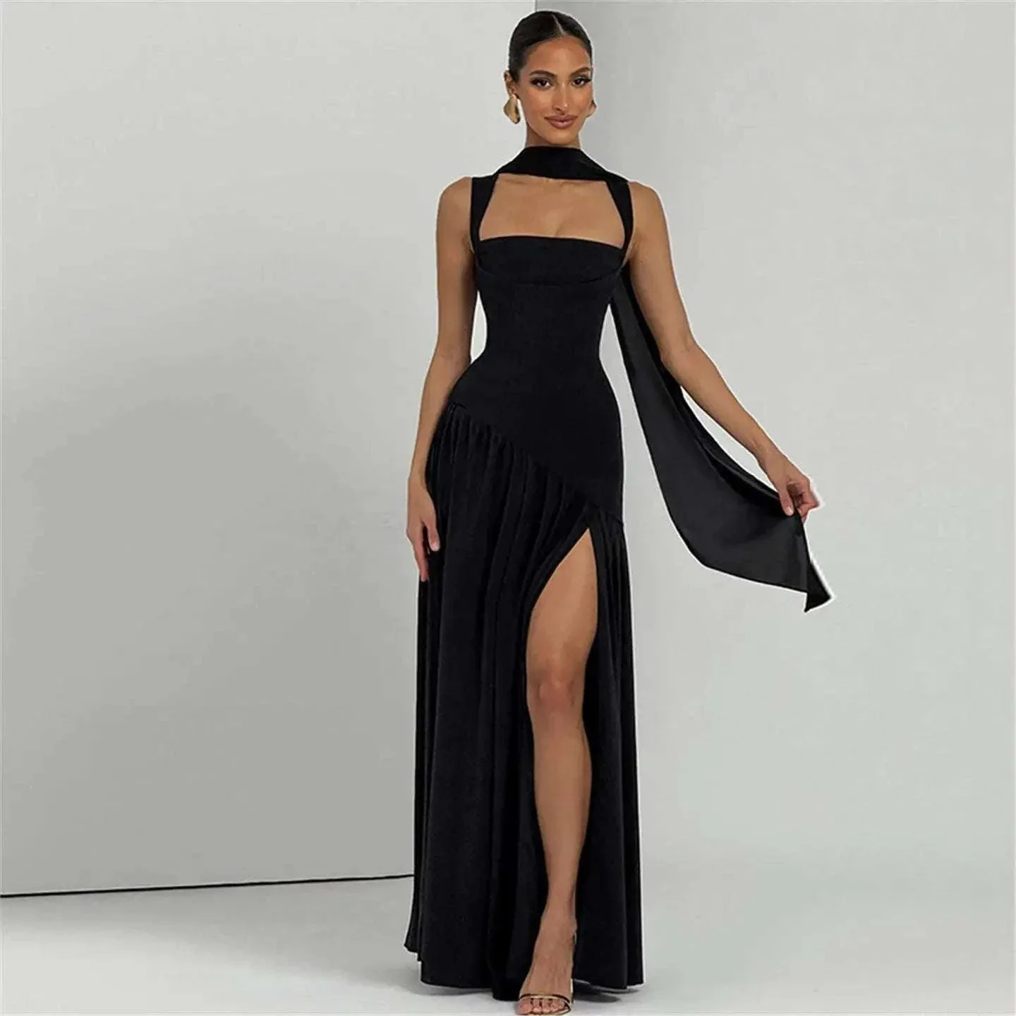 Elegant Sleeveless High Waist Slit Dress with Belted Sash - Image 4