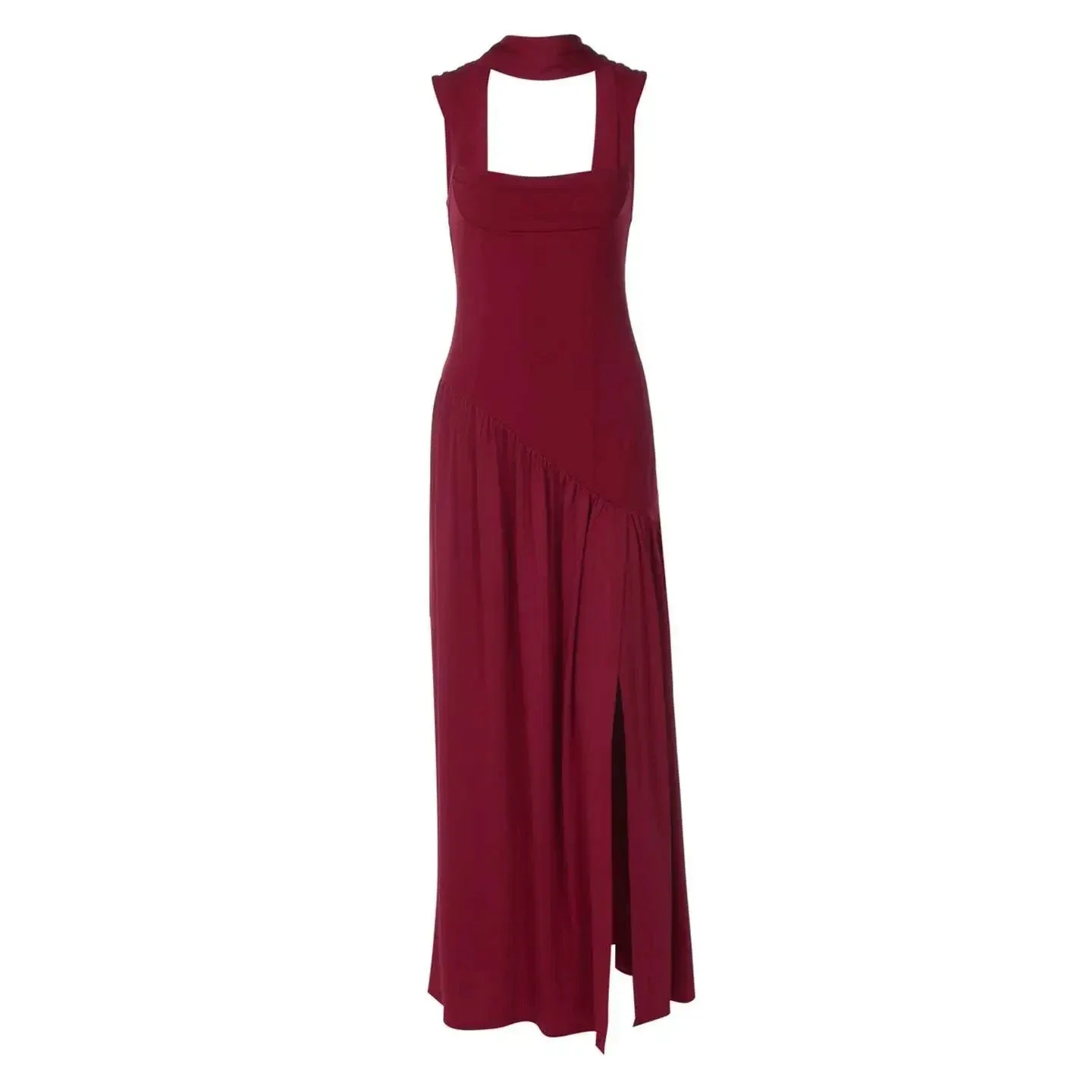 Elegant Sleeveless High Waist Slit Dress with Belted Sash - Image 5