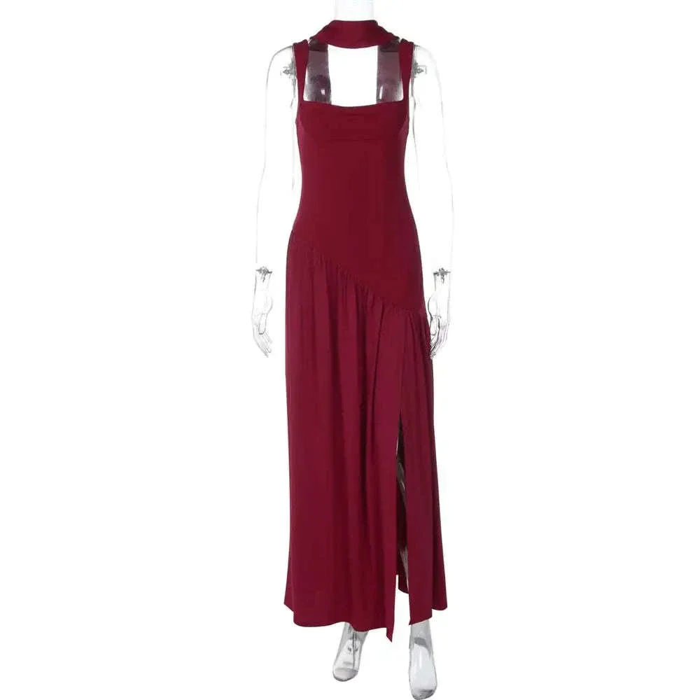 Elegant Sleeveless High Waist Slit Dress with Belted Sash - Image 8