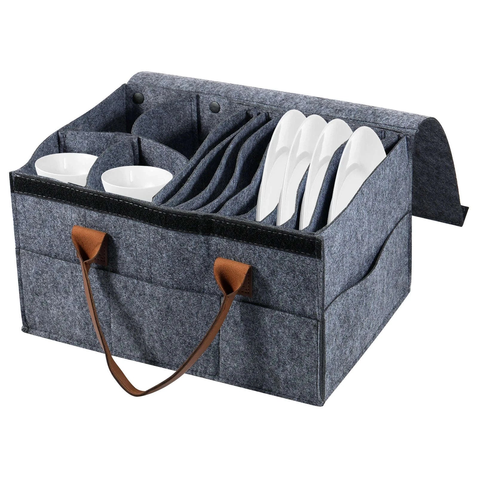 Felt Dish Storage Container with Dividers and Side Pockets