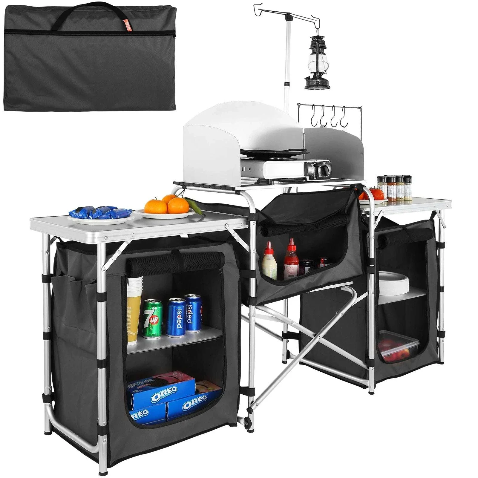 Folding Camping Kitchen Table with Storage and Windscreen