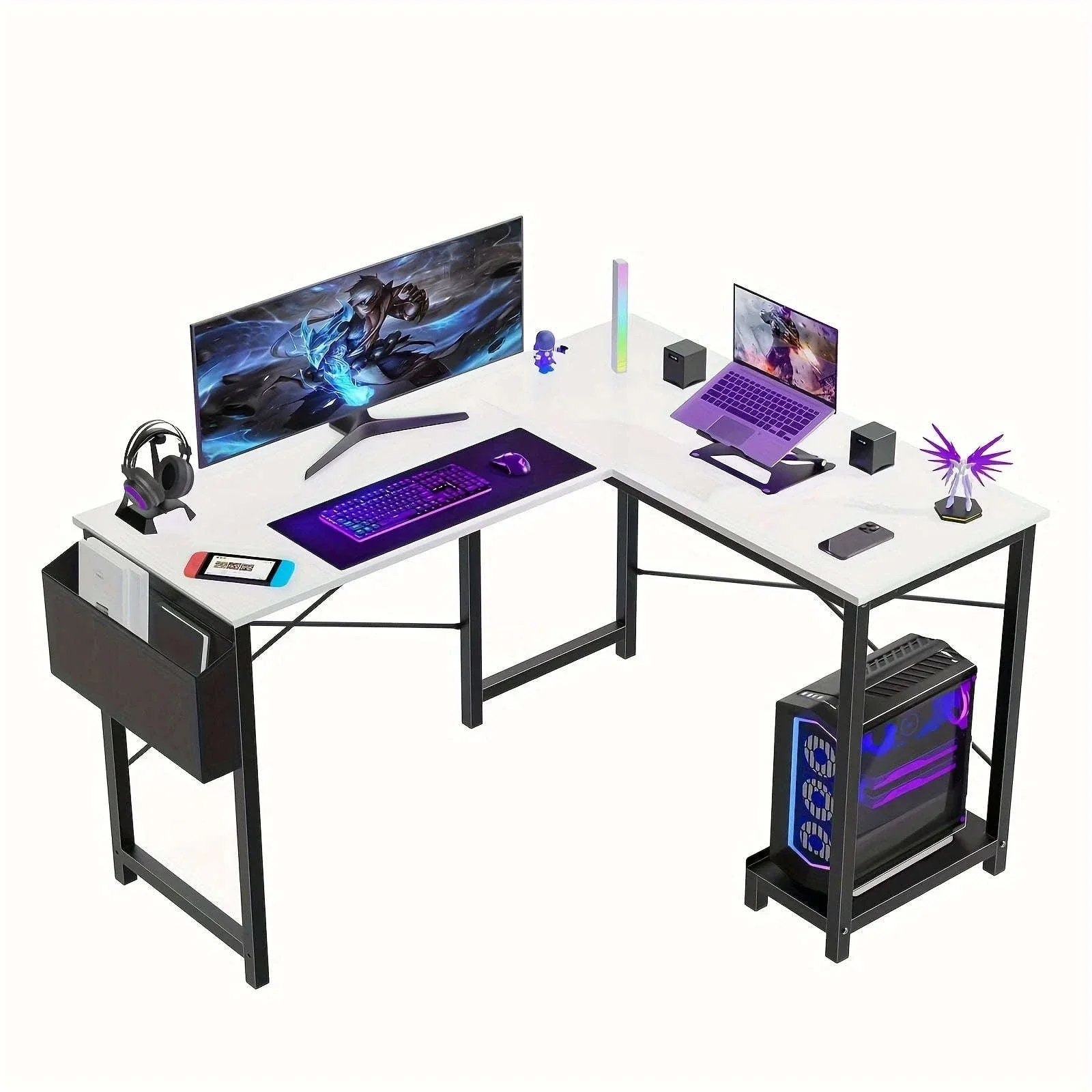 L-Shaped 50 Inch Wooden Office Desk with CPU Shelf - Image 8