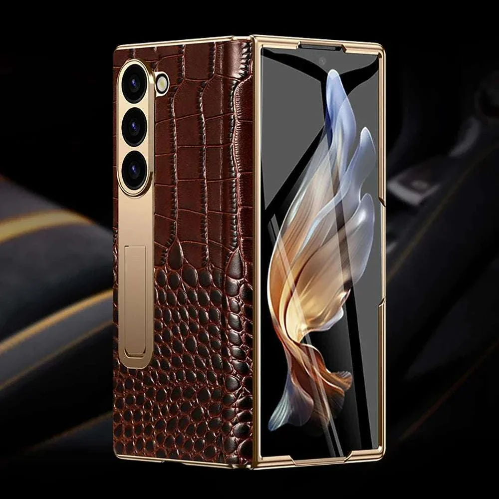 Genuine Leather Case with Magnetic Hinge Stand for Samsung Galaxy Z Fold