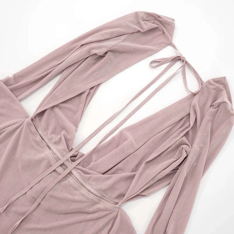 Halter Backless Sheer Mini Dress with Long Sleeves Bodycon Fit - Image 17