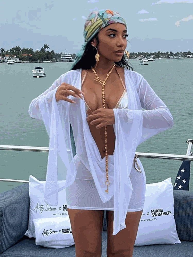 Halter Backless Sheer Mini Dress with Long Sleeves Bodycon Fit - Image 26