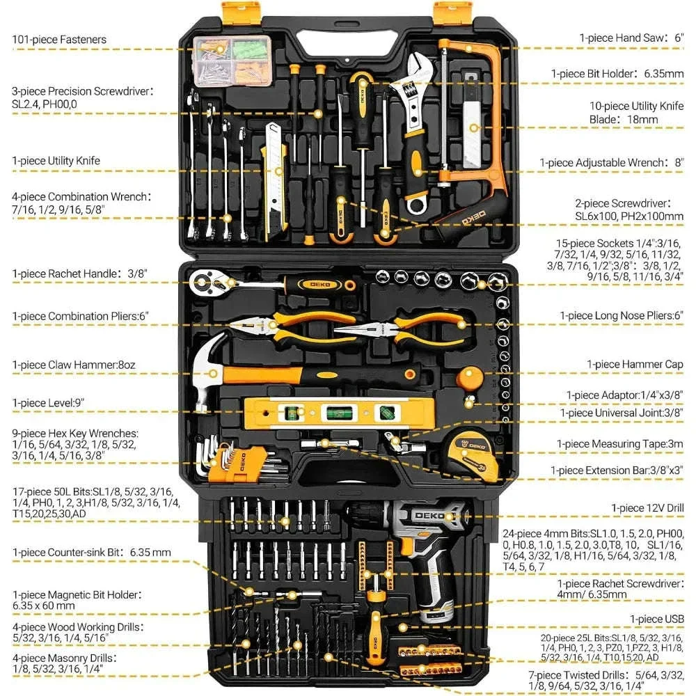238-Piece Home Mechanic Tool Kit with 12V Cordless Drill - Image 8