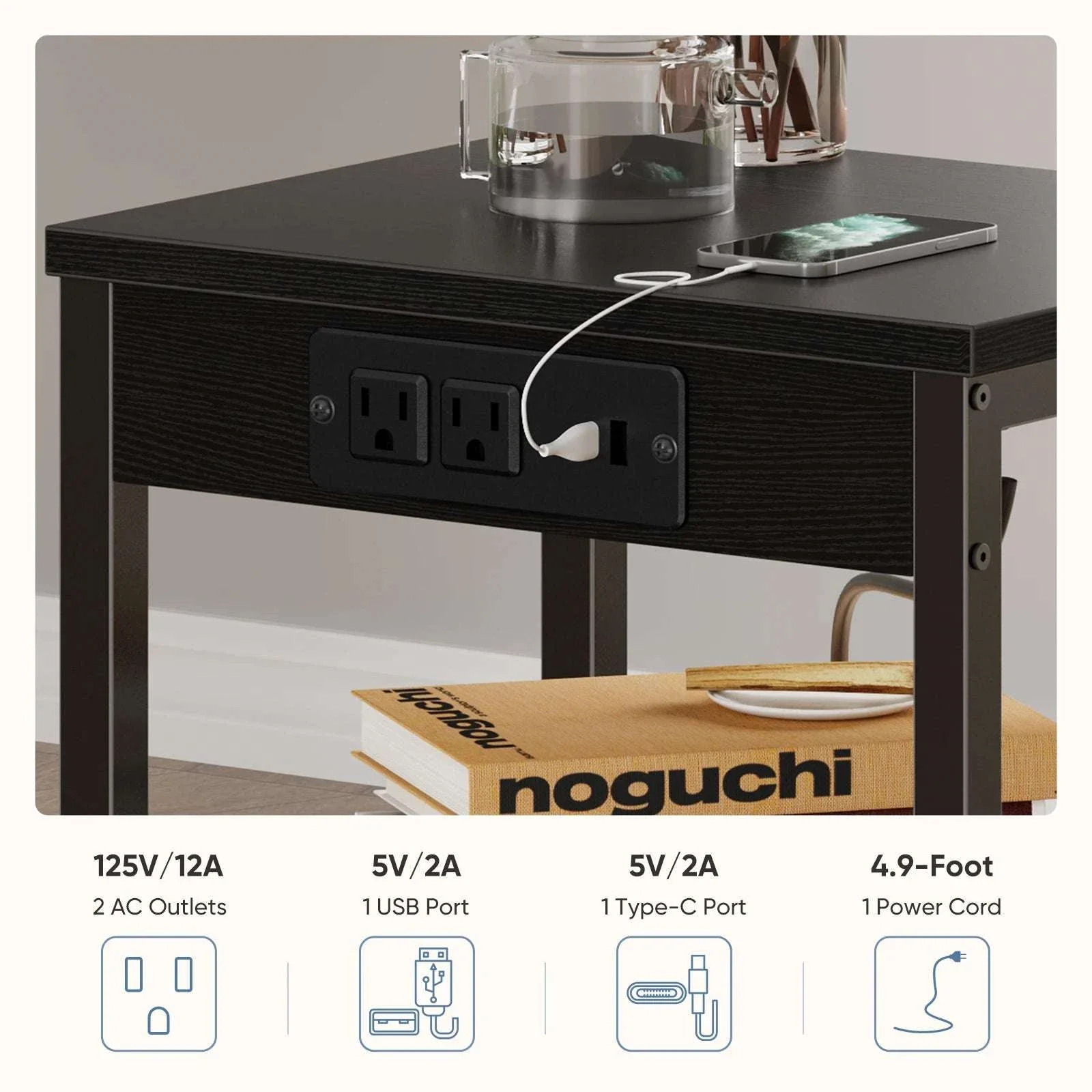 3-Tier Side Table with Charging Station and Adjustable Shelves - Image 11