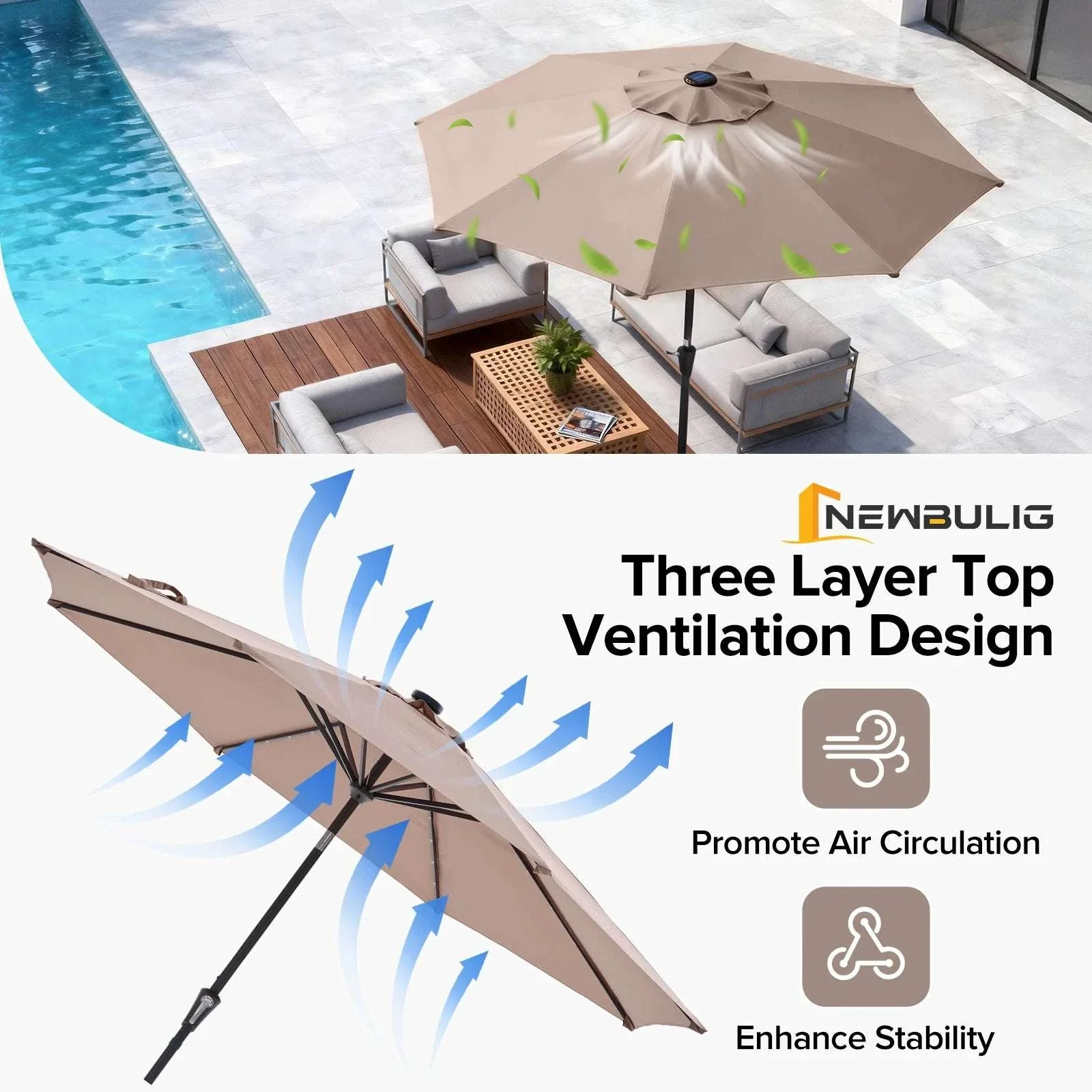 Solar LED Patio Umbrella with Tilt & Crank, 32 Lights Outdoor Shade - Image 2