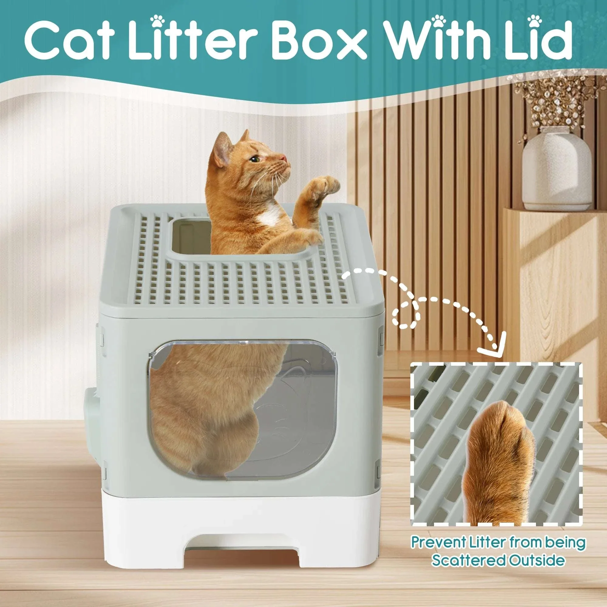 Large Covered Cat Litter Box with Lid and Scoop, 23.6" Foldable Design - Image 2