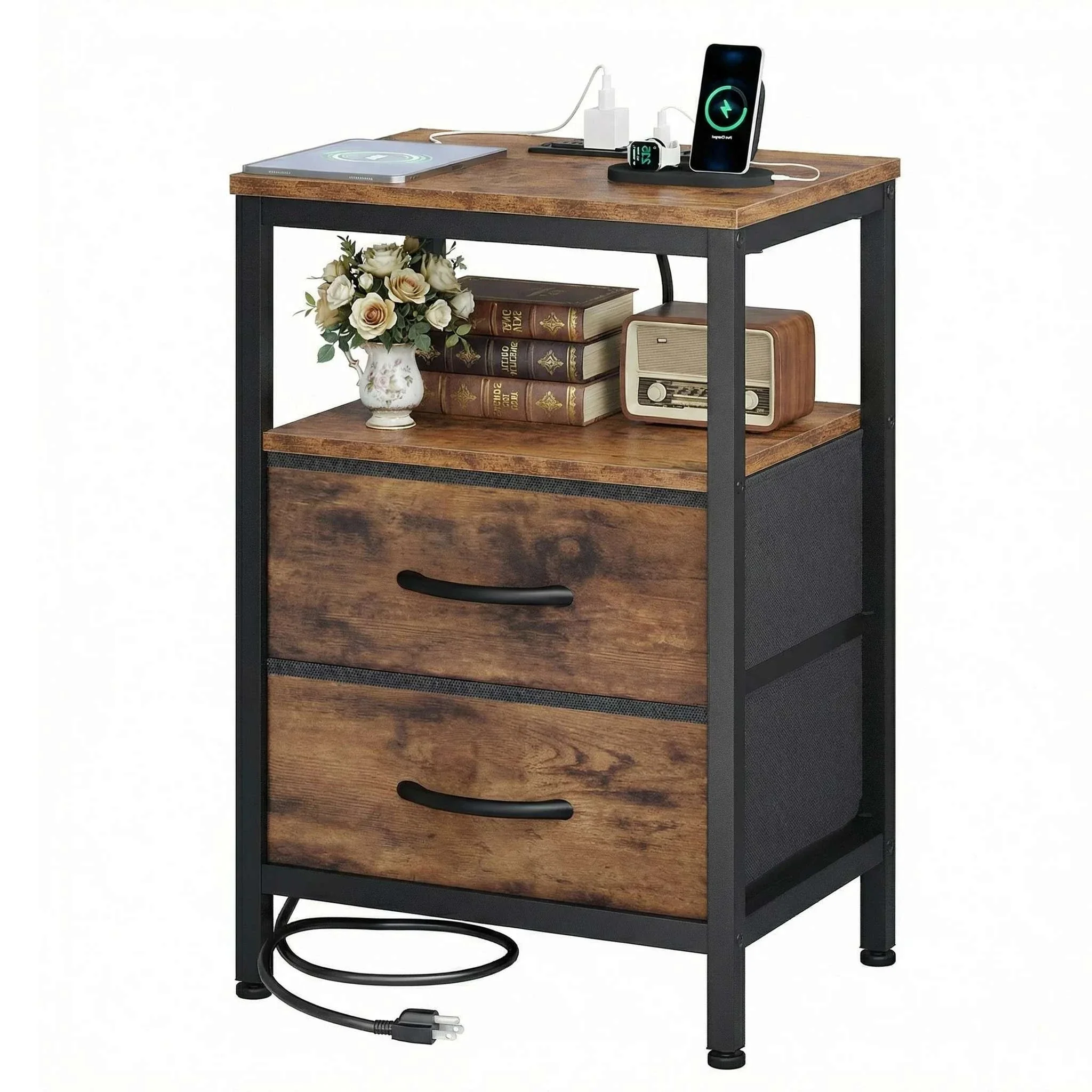 Nightstand with Charging Station, 2 Fabric Drawers & Shelf - Image 8