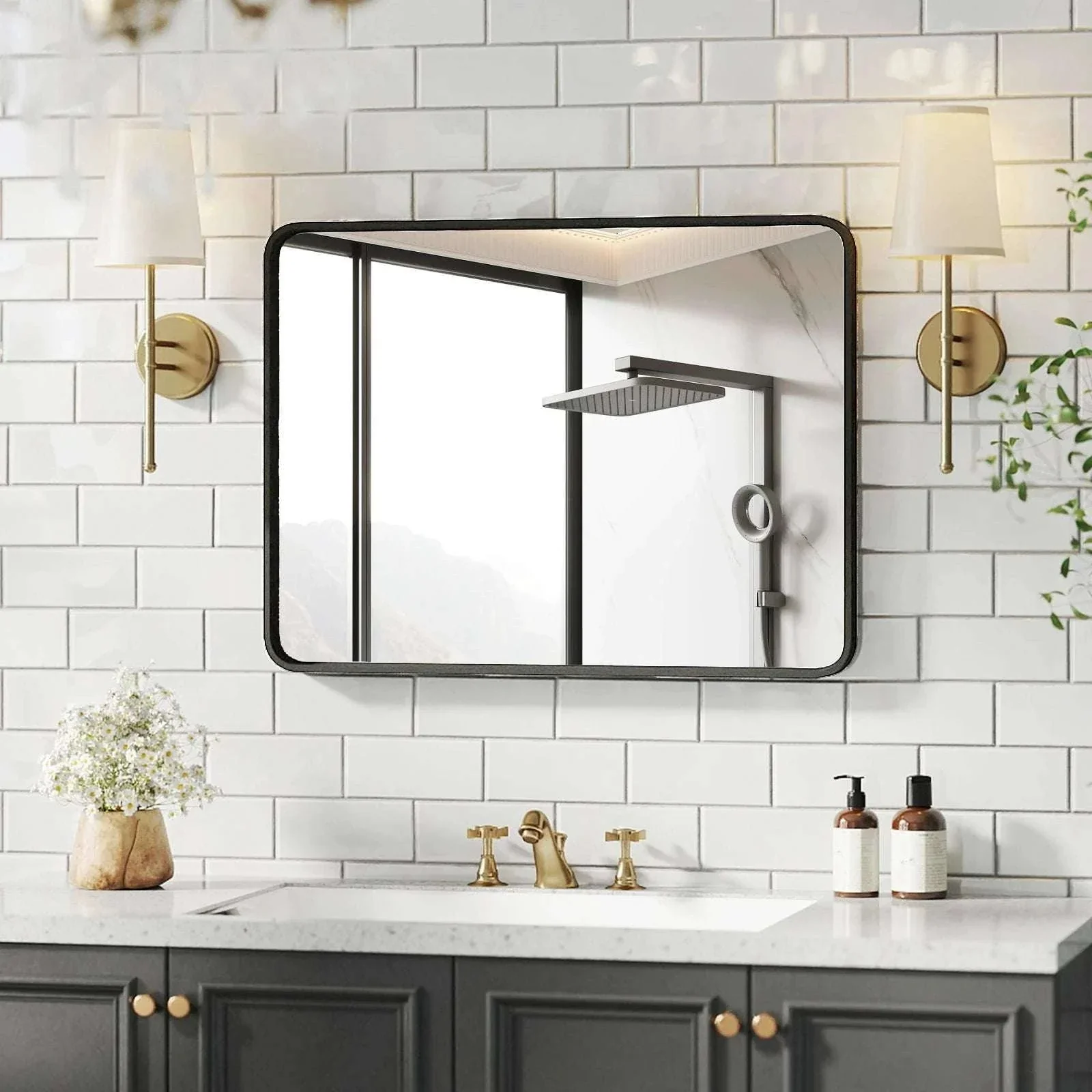 24x36 Inch Matte Black Framed Wall Mirror with Tempered Glass