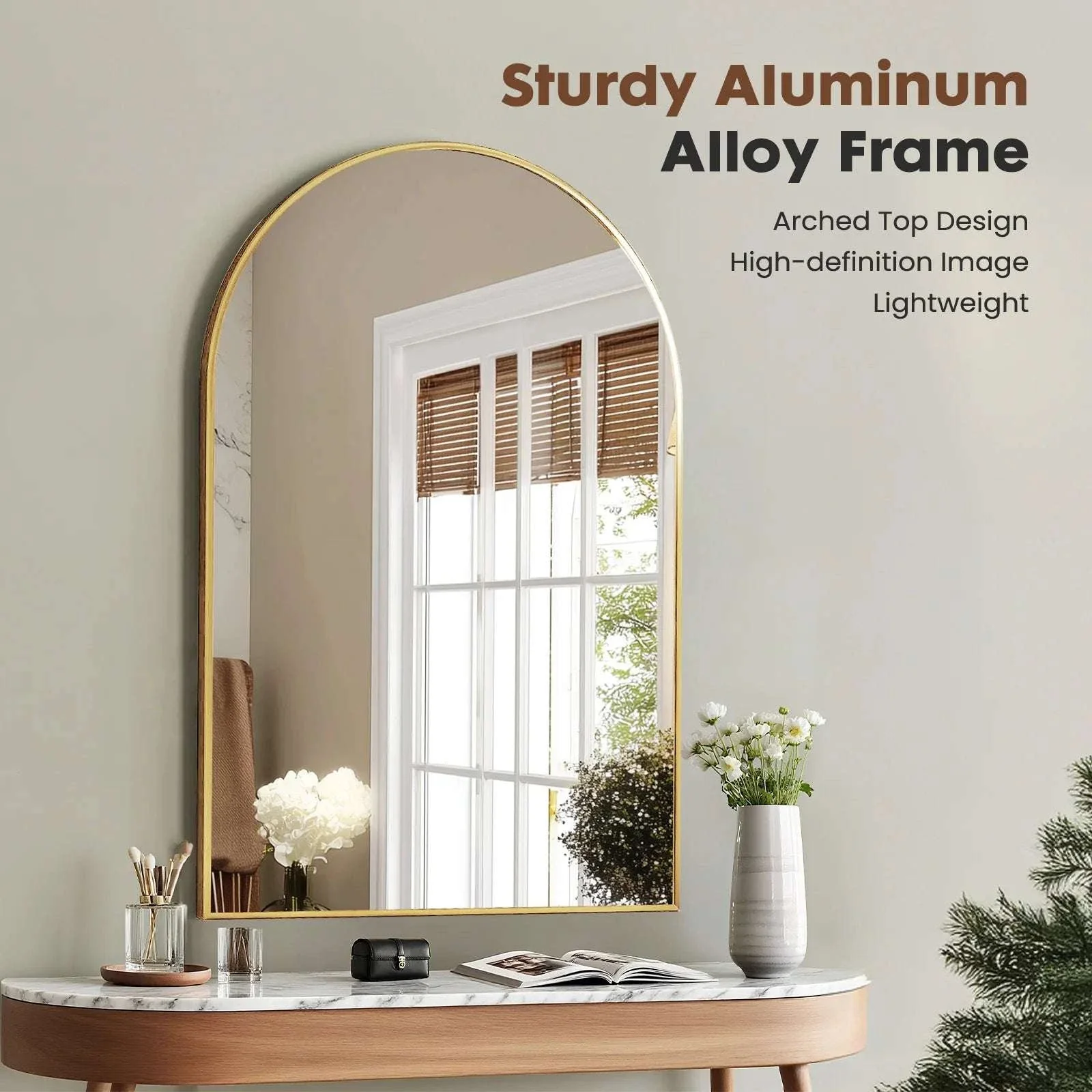 26x38 Arched Wall Mirror with Metal Frame for Bathroom or Entryway - Image 2