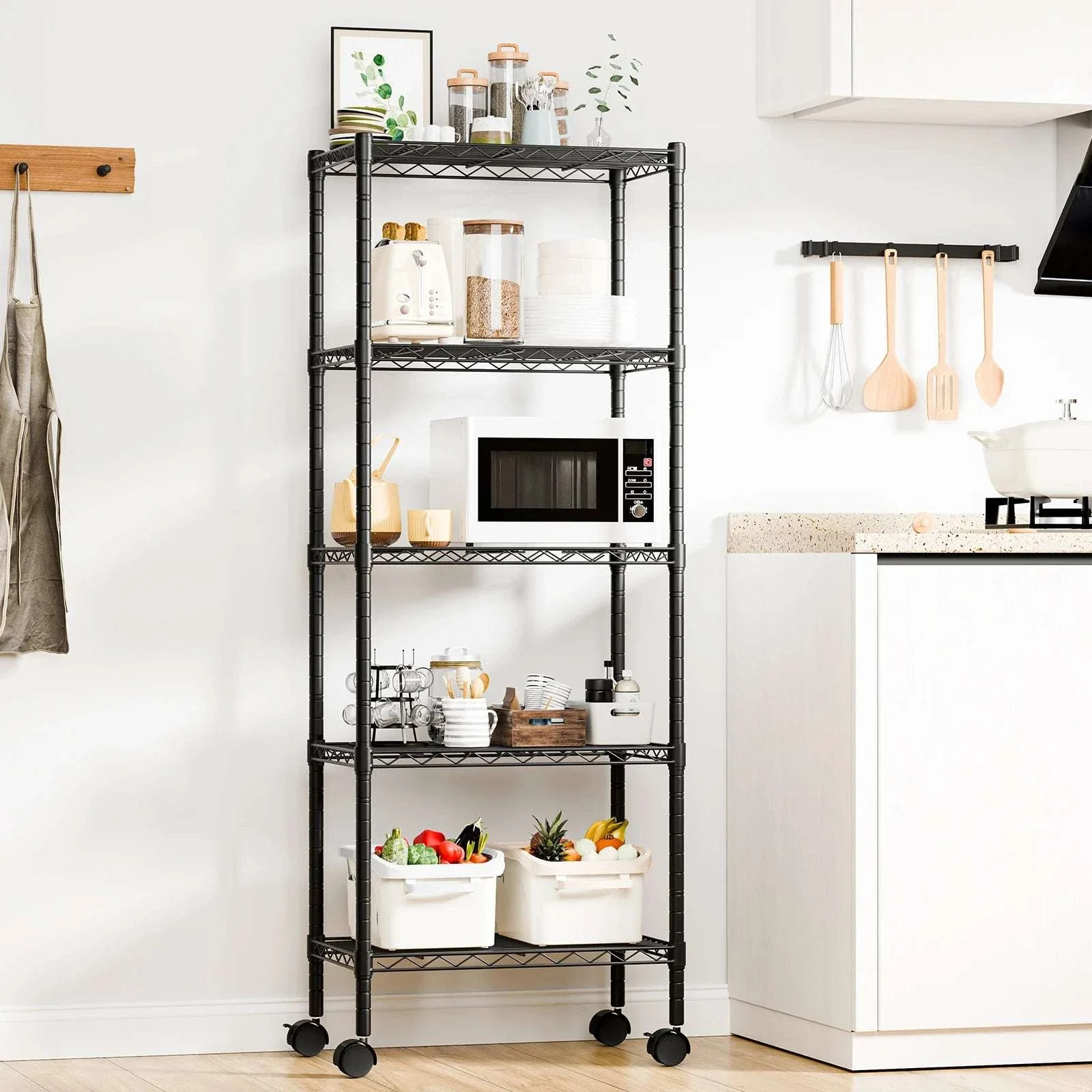 3–5 Tier Metal Grid Storage Shelf with Lockable Wheels