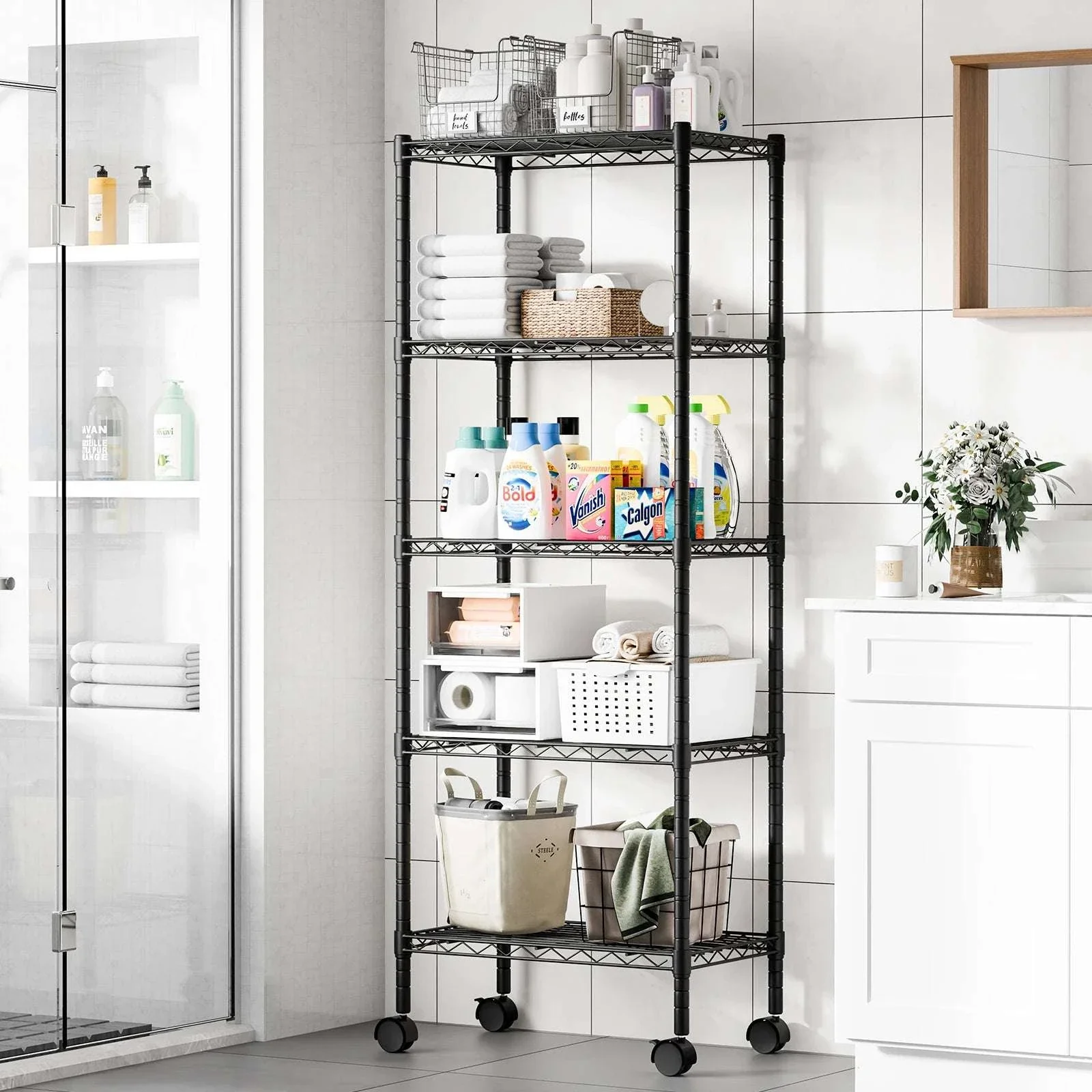 3–5 Tier Metal Grid Storage Shelf with Lockable Wheels - Image 6