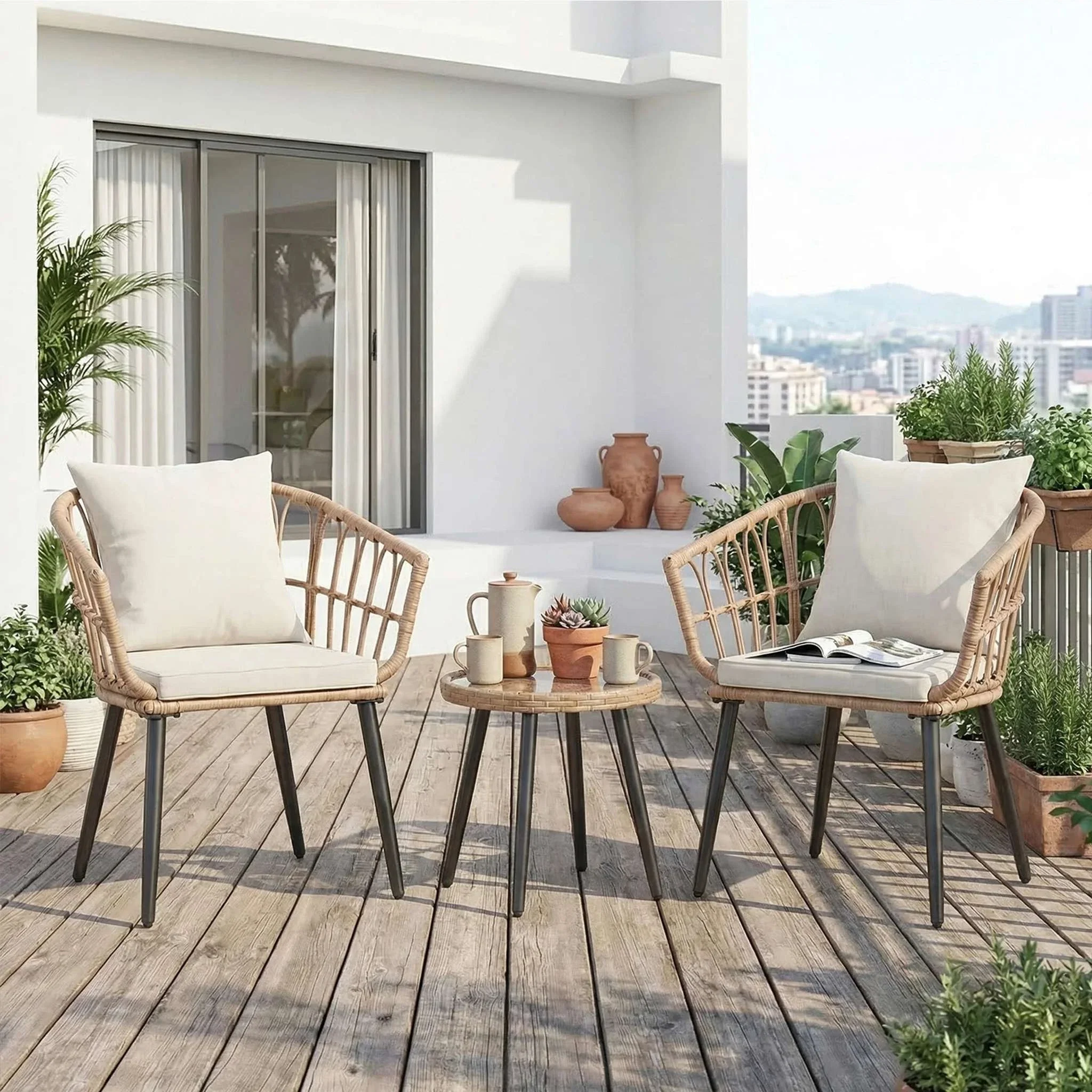 3-Piece Wicker Patio Set with Cushions and Glass Table