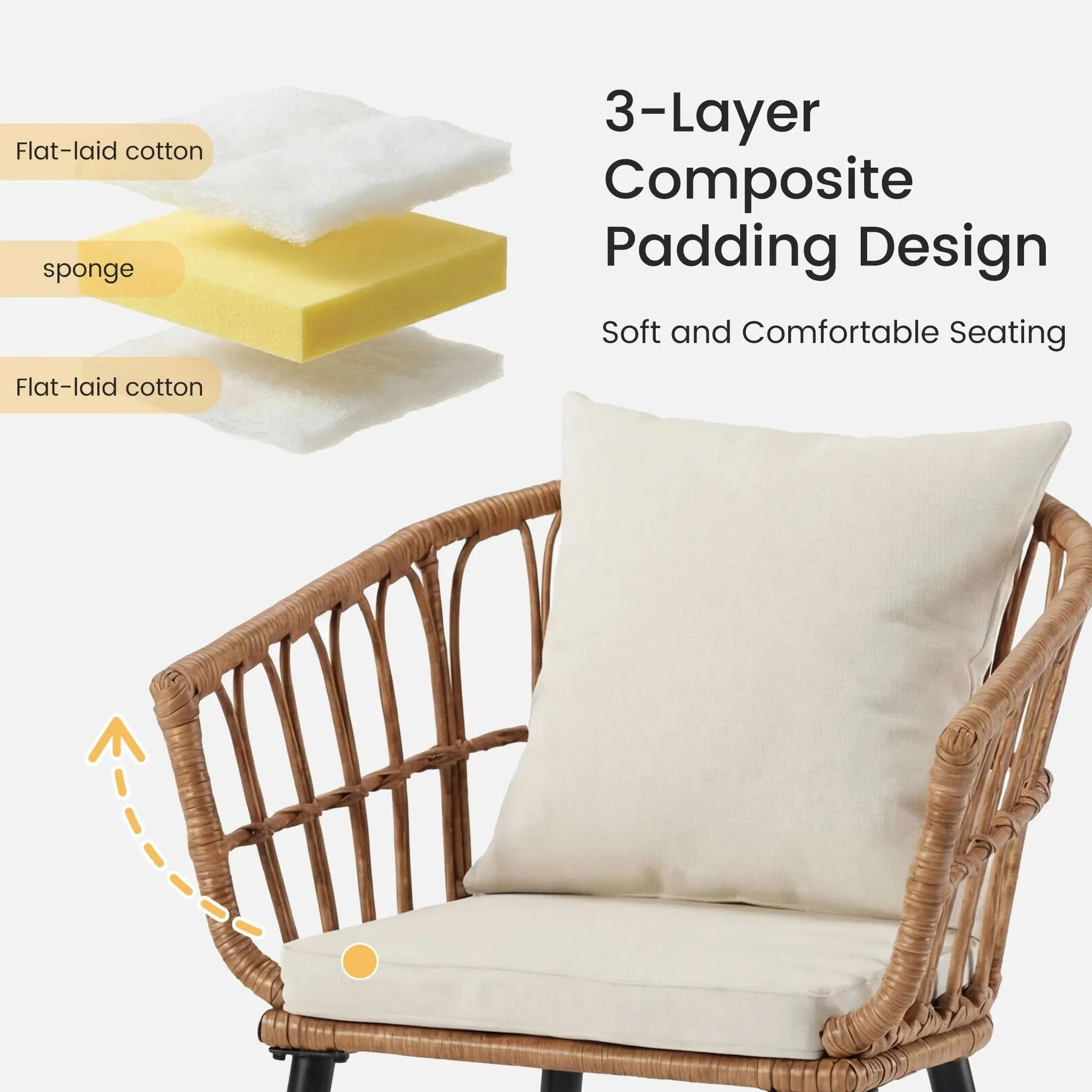 3-Piece Wicker Patio Set with Cushions and Glass Table - Image 2