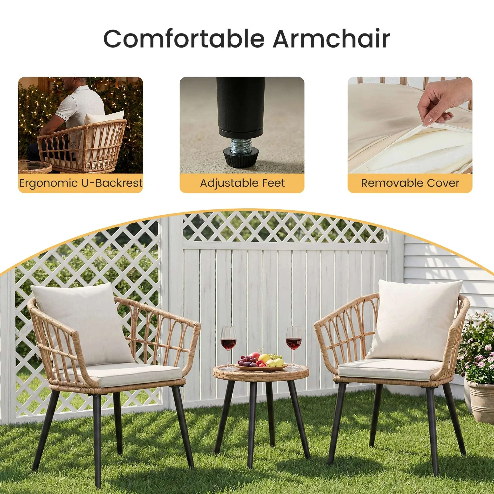 3-Piece Wicker Patio Set with Cushions and Glass Table - Image 3