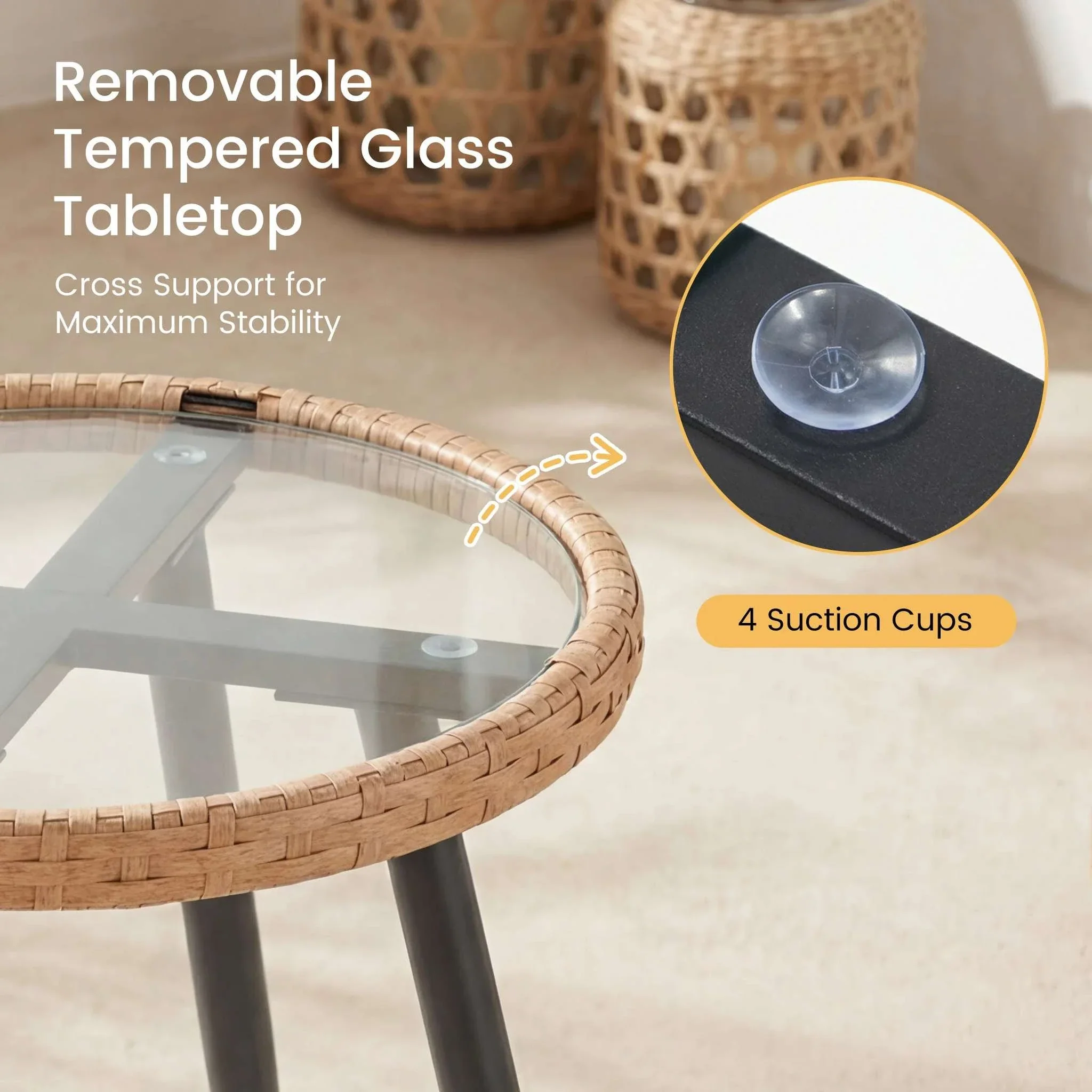 3-Piece Wicker Patio Set with Cushions and Glass Table - Image 4