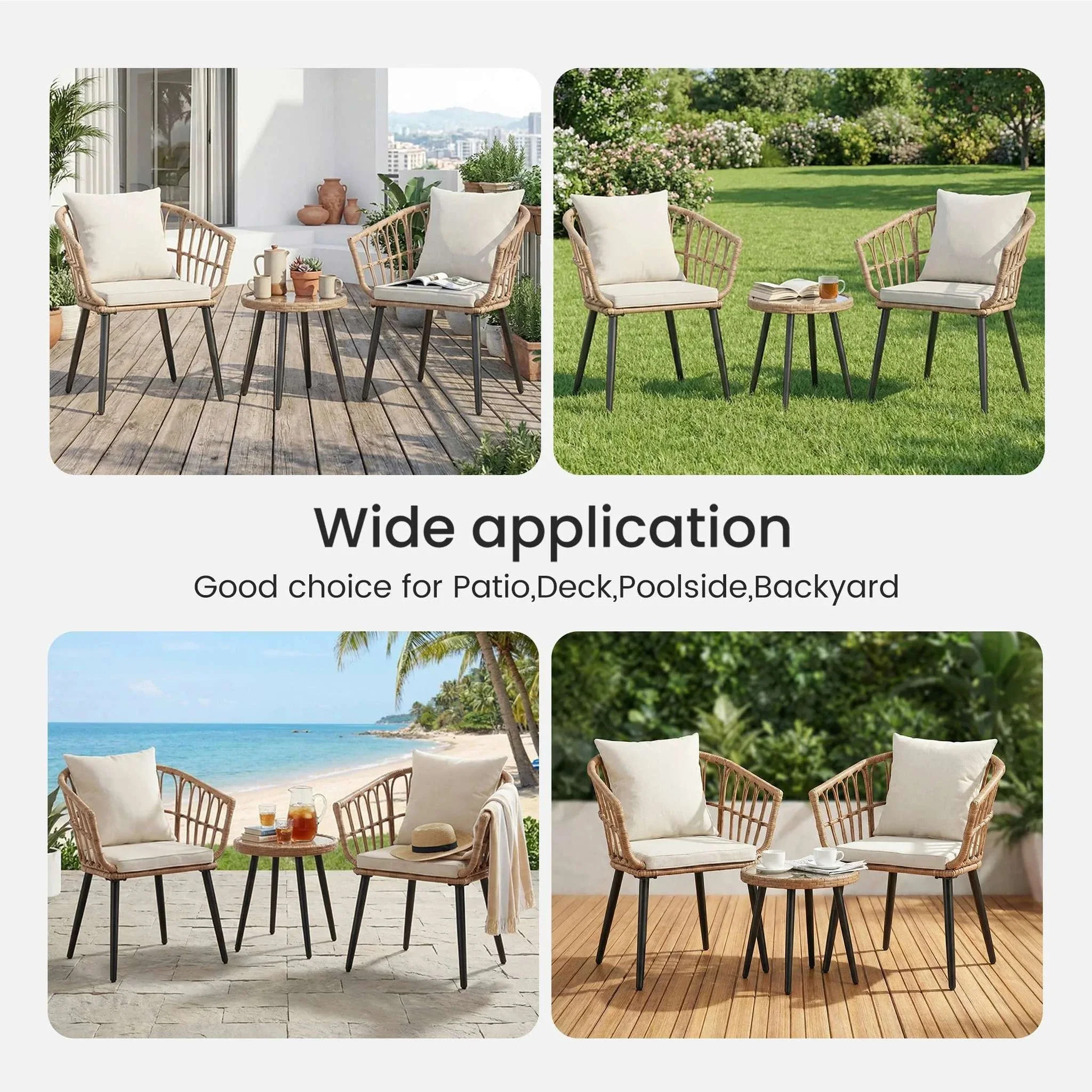 3-Piece Wicker Patio Set with Cushions and Glass Table - Image 5