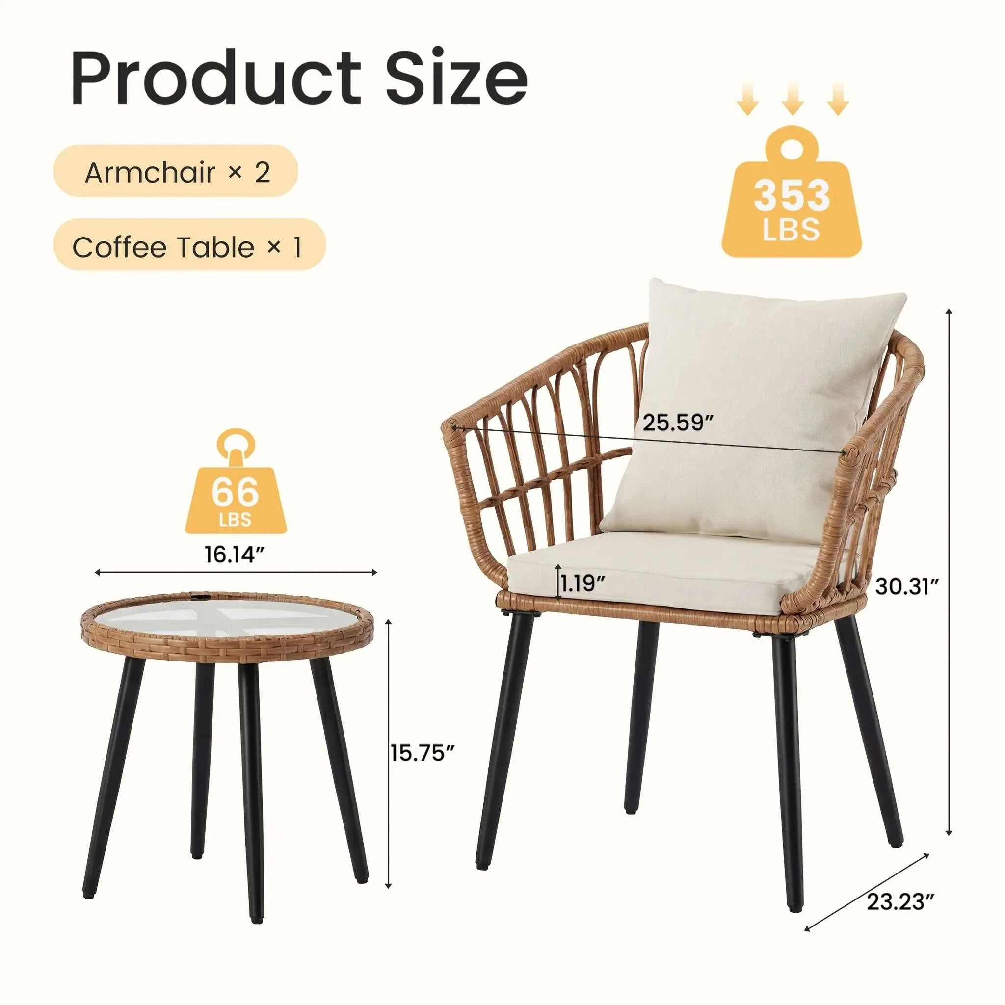 3-Piece Wicker Patio Set with Cushions and Glass Table - Image 6