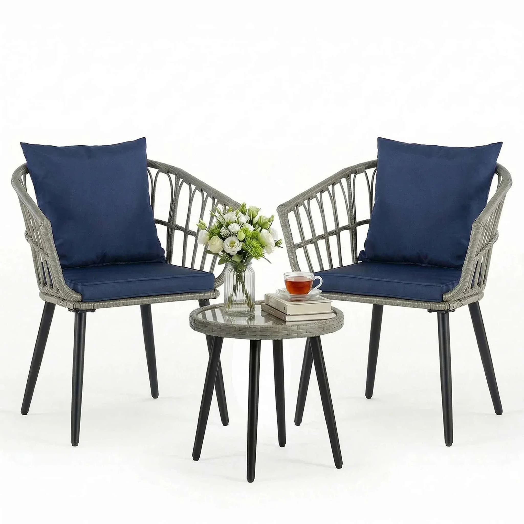3-Piece Wicker Patio Set with Cushions and Glass Table - Image 7