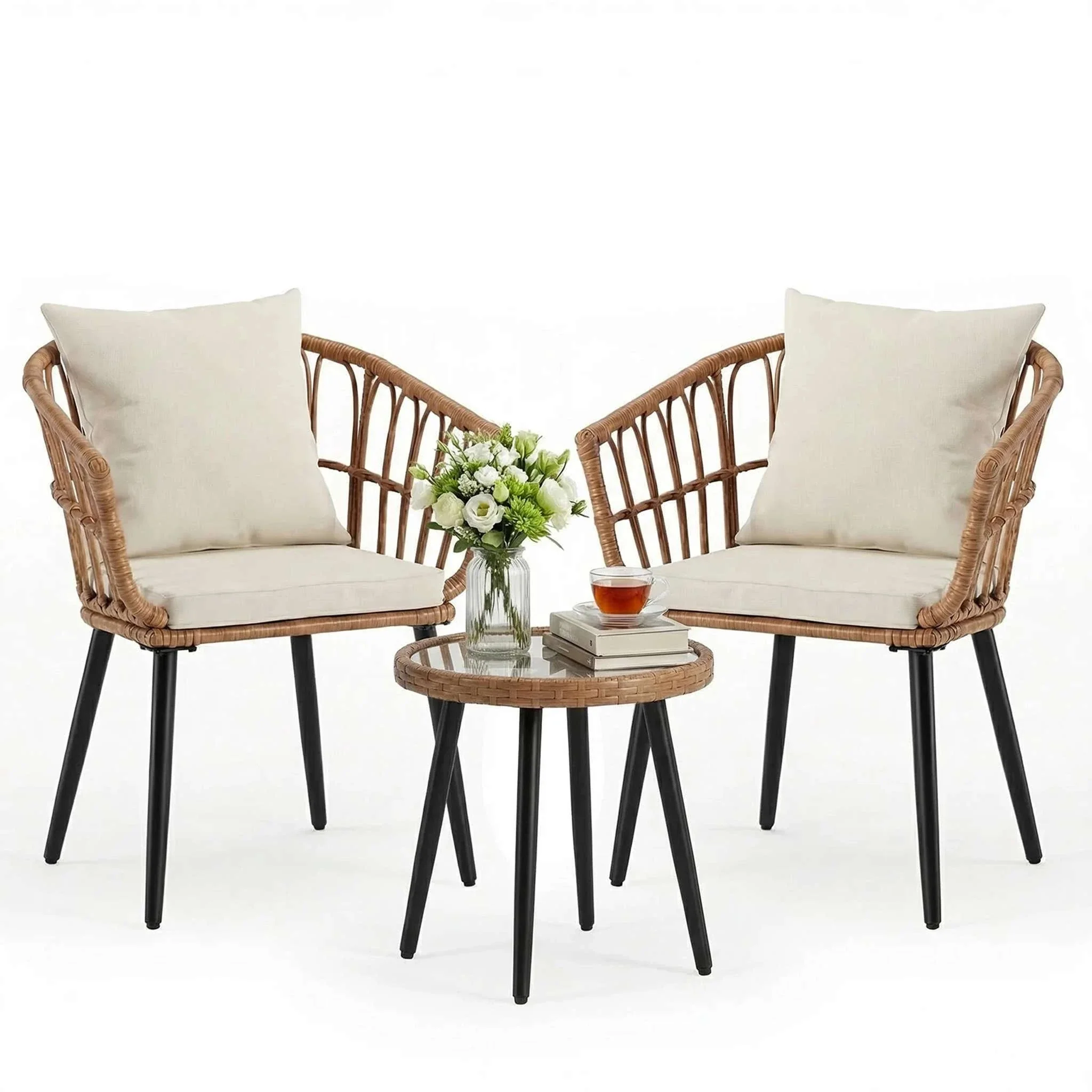 3-Piece Wicker Patio Set with Cushions and Glass Table - Image 8