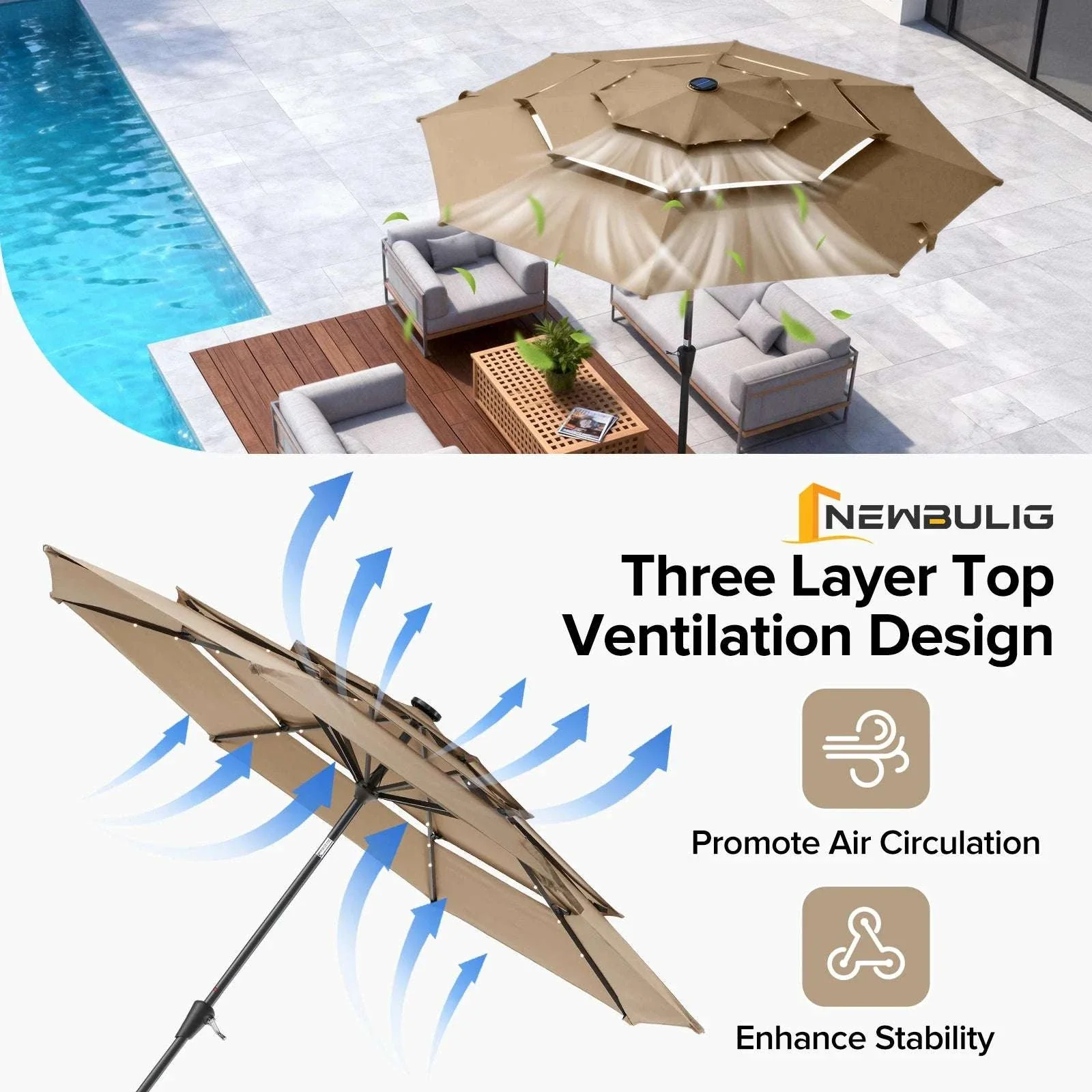 10FT Solar LED Patio Umbrella with 3-Tier Vent and Crank - Image 11
