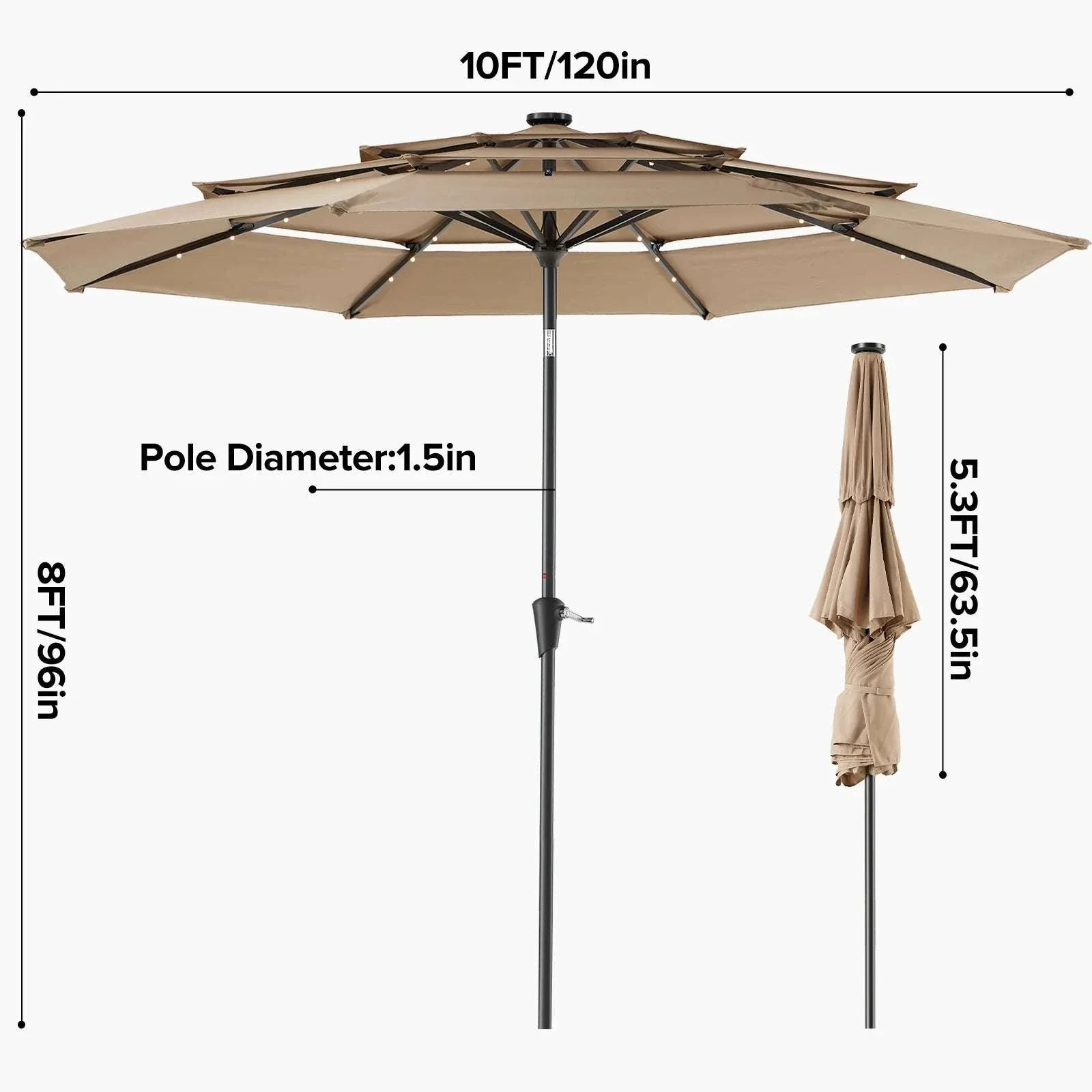 10FT Solar LED Patio Umbrella with 3-Tier Vent and Crank - Image 14